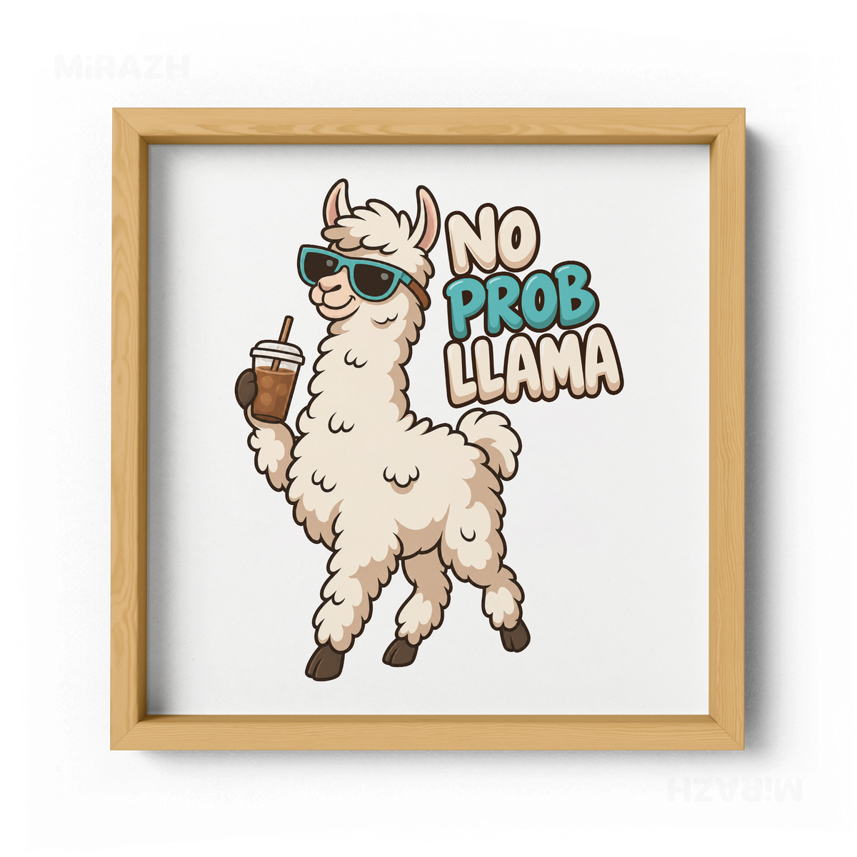 NoProbLlama Framed Poster 04 Natural Wood