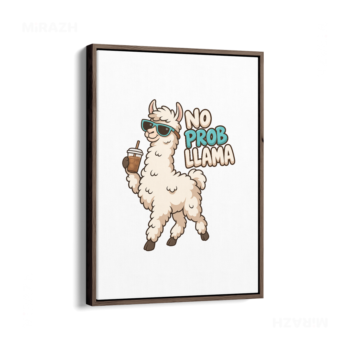 NoProbLlama Framed Canvas 01 Dark Wood