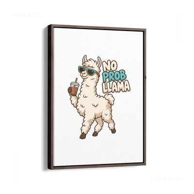 NoProbLlama Framed Canvas 01 Dark Wood