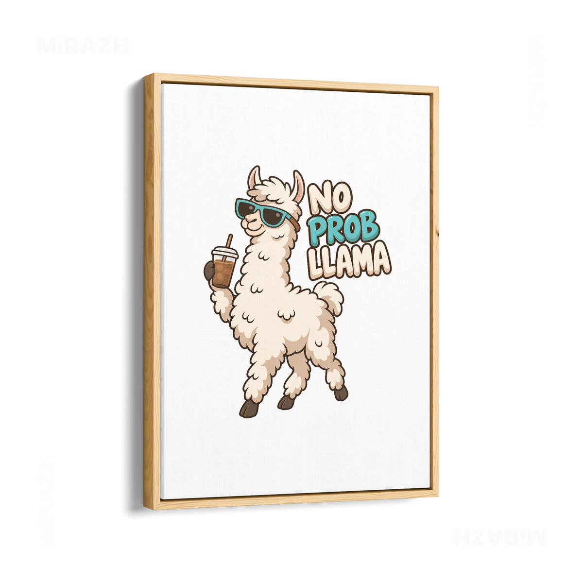 NoProbLlama Framed Canvas 01 Natural Wood