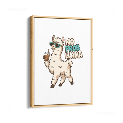 NoProbLlama Framed Canvas 01 Natural Wood