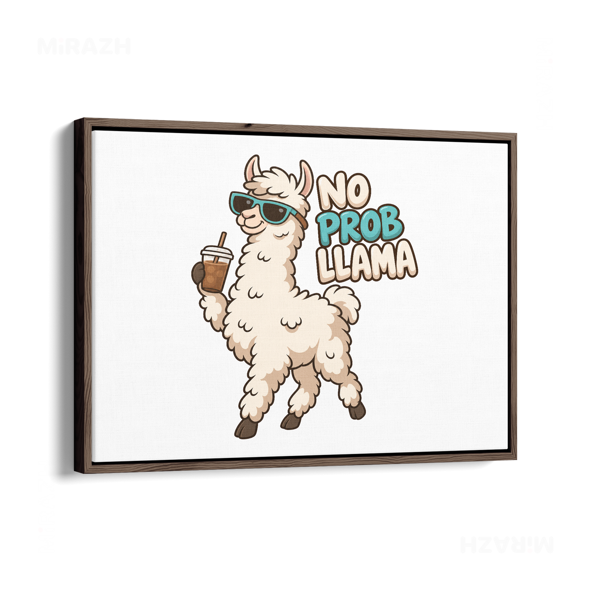 NoProbLlama Framed Canvas 03 Dark Wood