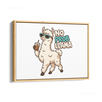 NoProbLlama Framed Canvas 03 Natural Wood