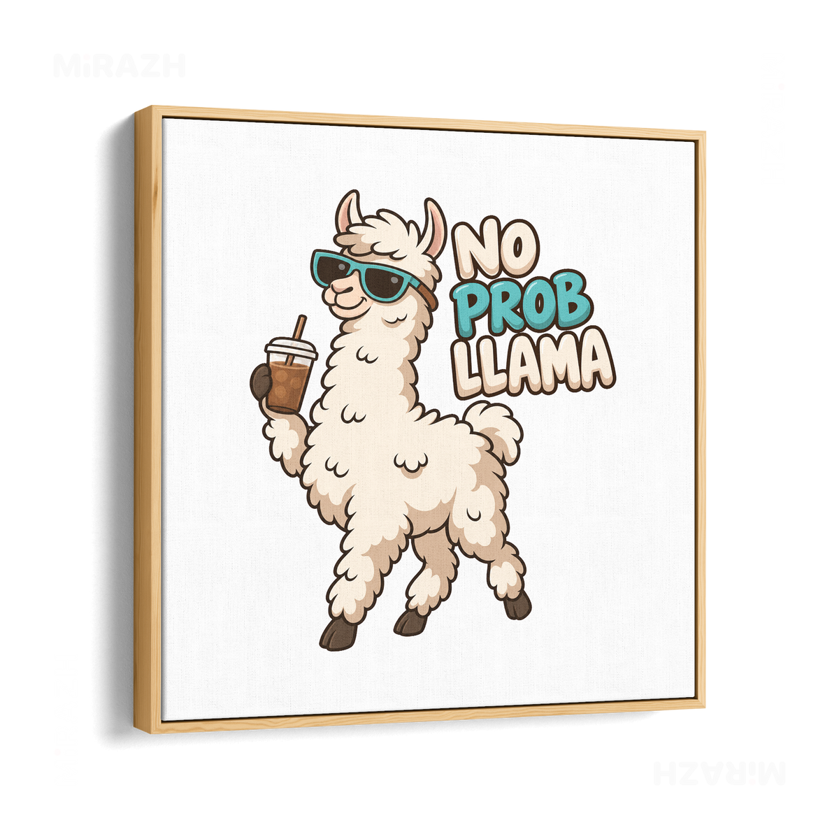 NoProbLlama Framed Canvas 04 Natural Wood