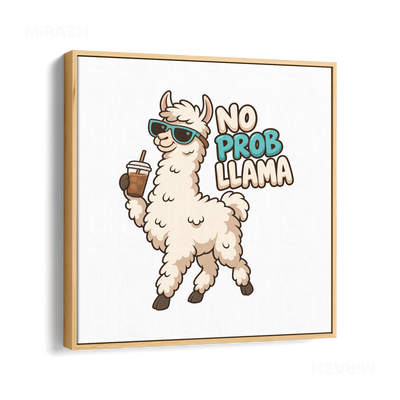 NoProbLlama Framed Canvas 04 Natural Wood