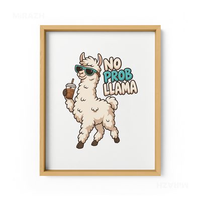 NoProbLlama Framed Poster 01 Natural Wood