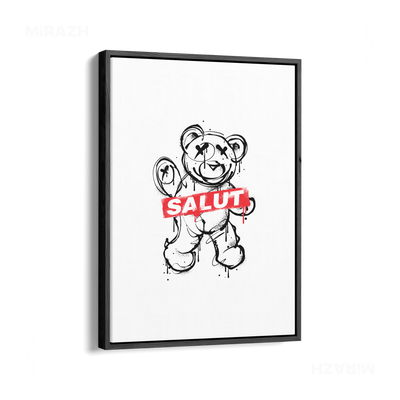 SalutRebelBear Framed Canvas 01 Black Wood