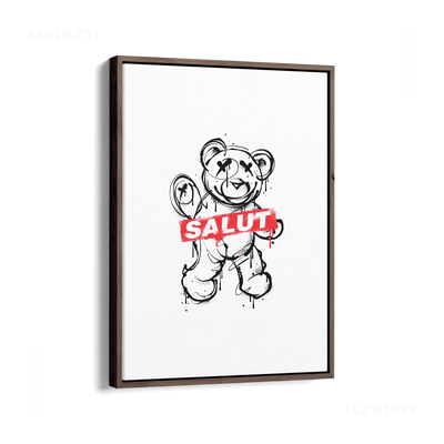 SalutRebelBear Framed Canvas 01 Dark Wood